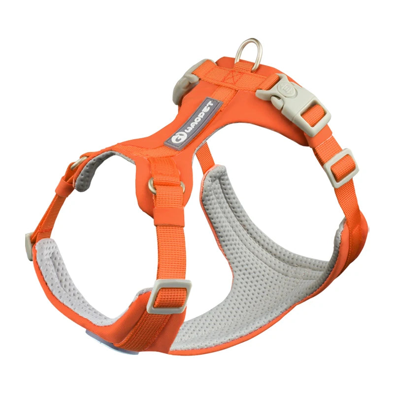 Orange dog harness with gray padding on a white background