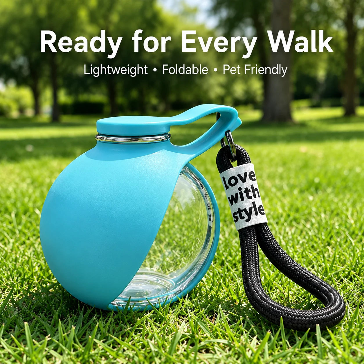 A bright blue reusable water bottle with a clear glass lower section and a black wrist strap, placed on green grass outdoors. White text at the top reads 'Ready for Every Walk' with smaller descriptors 'Lightweight • Foldable • Pet Friendly'.