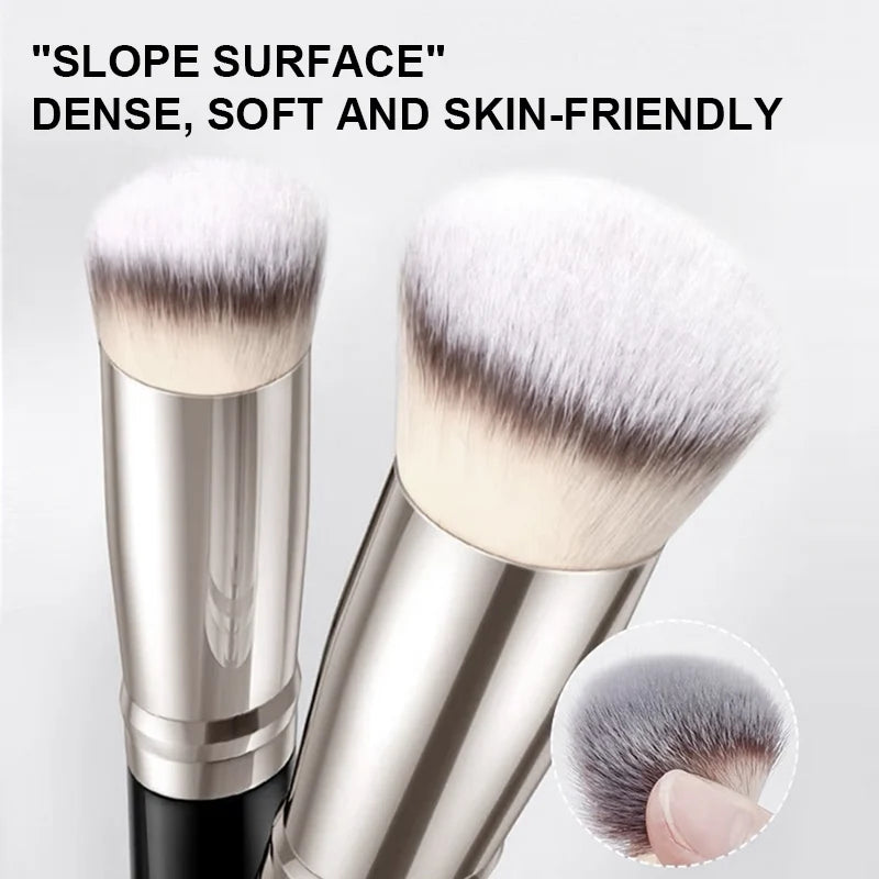 Two makeup brushes with a close-up of the bristle detail on a light gray background, text 'Slope Surface', 'Dense, Soft and Skin-Friendly'.