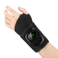A black wrist brace with an integrated digital display showing green LED numbers, worn on a person's wrist against a plain white background.