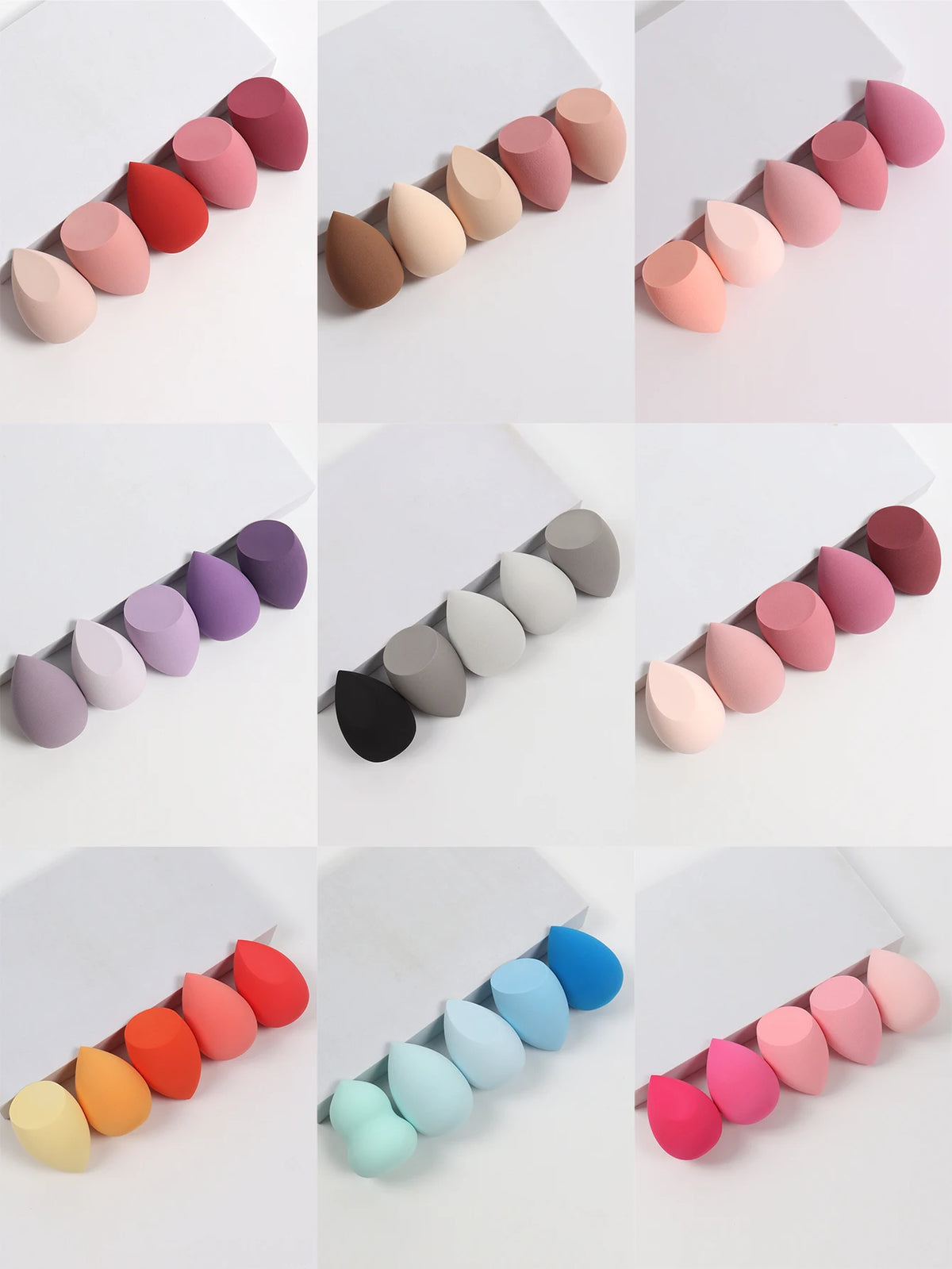 Set of colorful makeup sponges in a grid layout on a light background