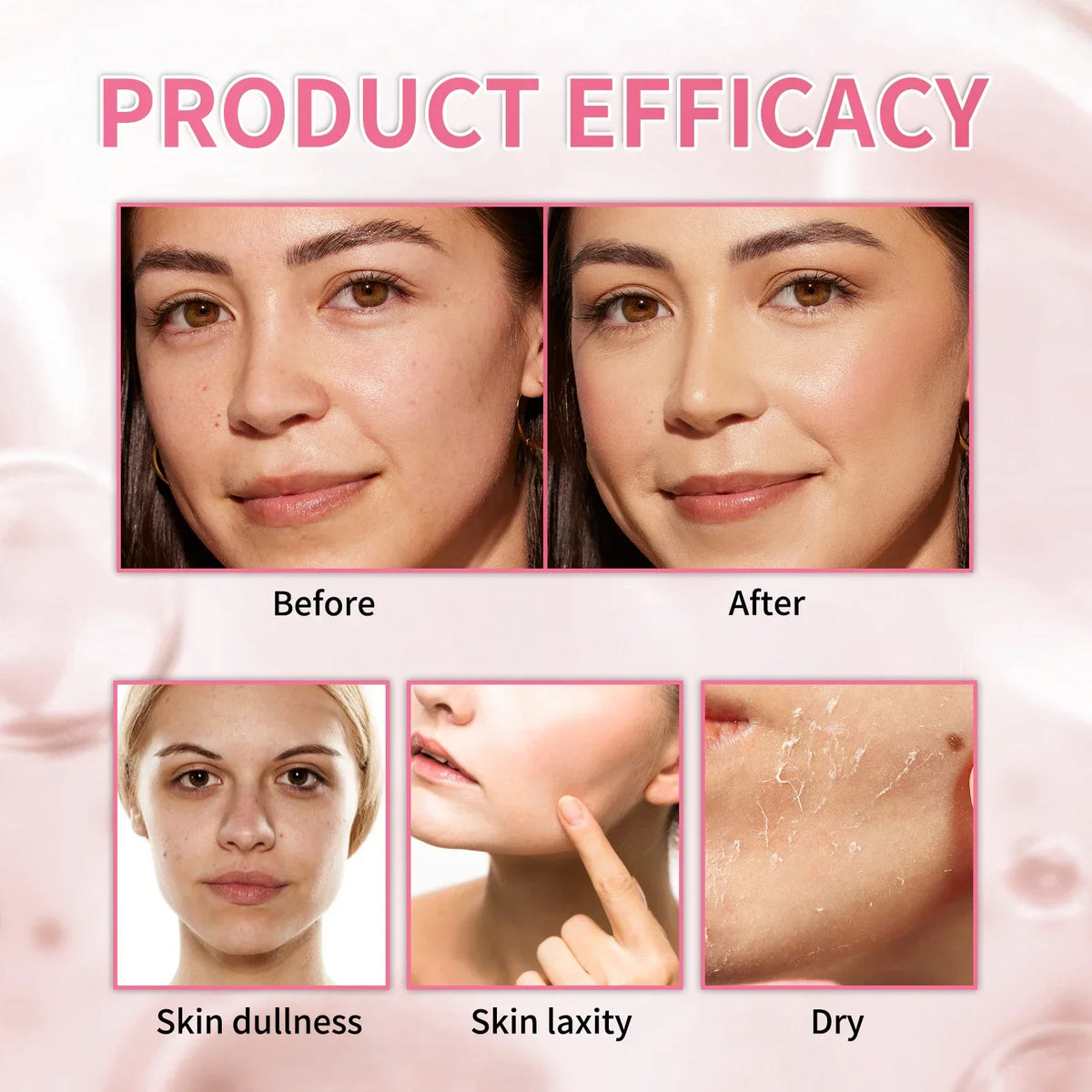 Before-and-after skincare comparison graphic with the heading 'PRODUCT EFFICACY' in pink. The top row shows a woman's face labeled 'Before' and 'After' with smoother, clearer skin in the after panel.