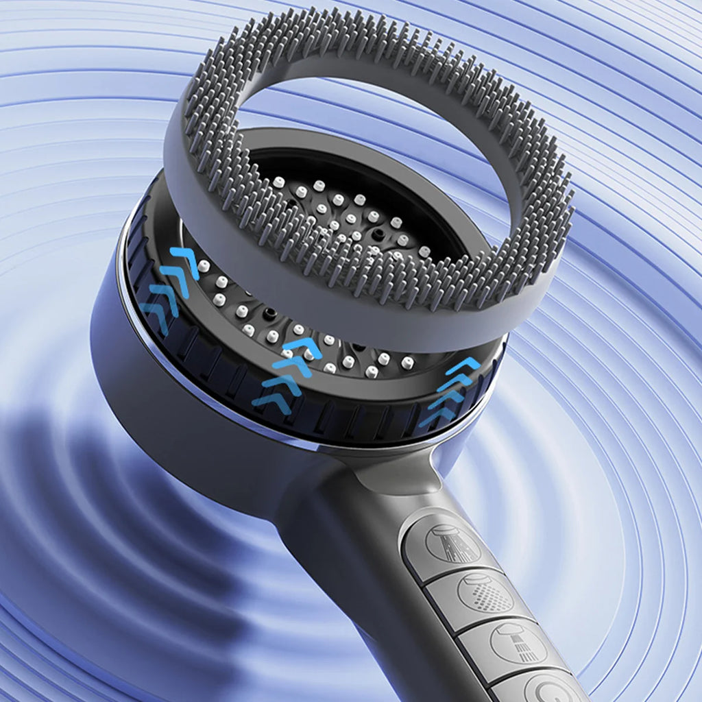 A close-up of a handheld shower head with a circular bristle filter ring, shown against a blue water ripple background. The shower head is dark gray with blue graphic accents indicating water flow or pressure.