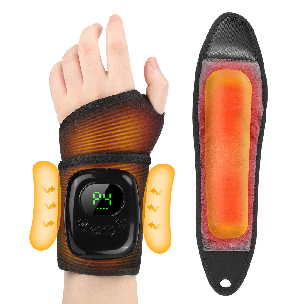 A black and orange heated wrist brace shown worn on a hand, alongside a separate view of the inner heating pad, with yellow heat-effect graphics on a white background.