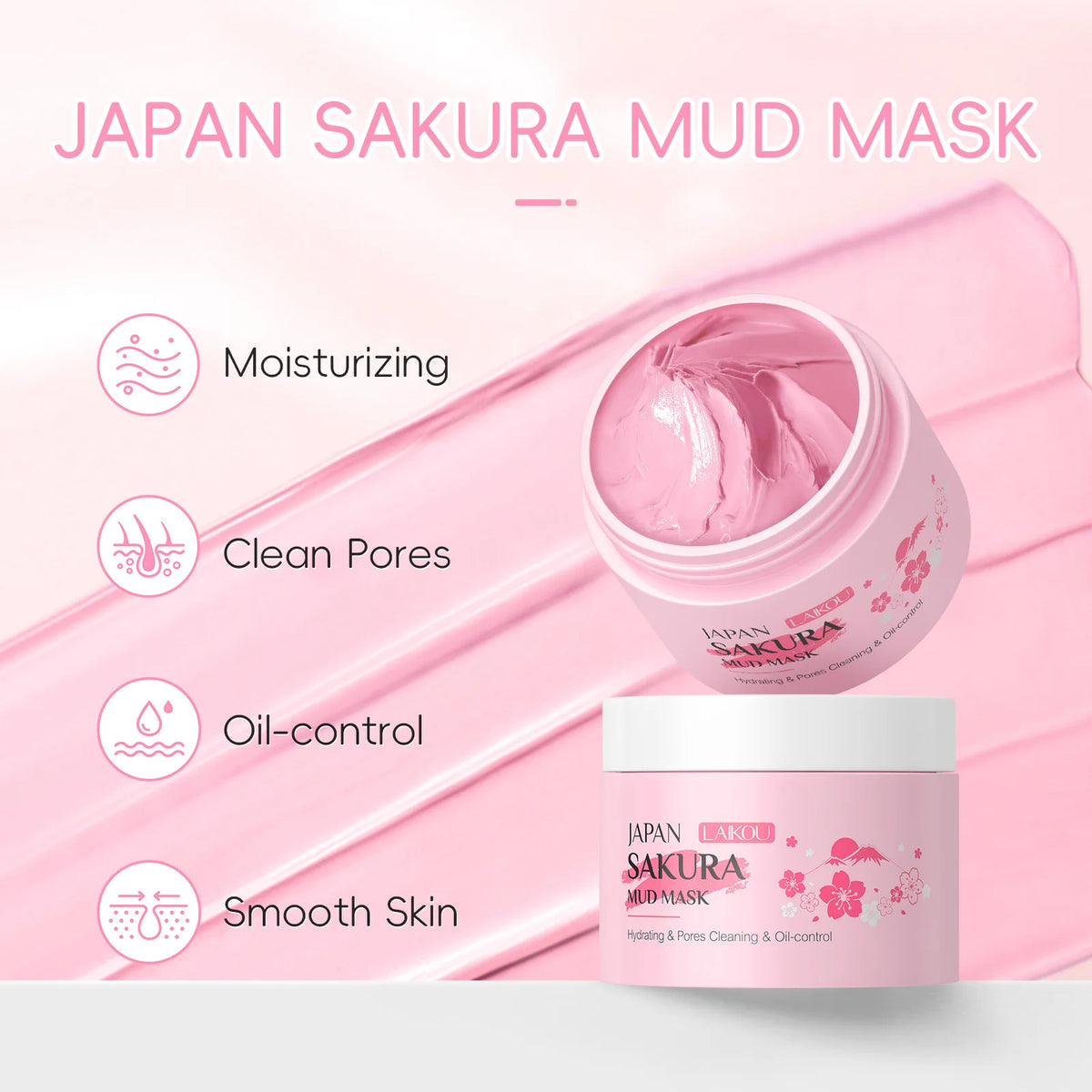 Japan Sakura mud mask packaging with pink background and product features listed.