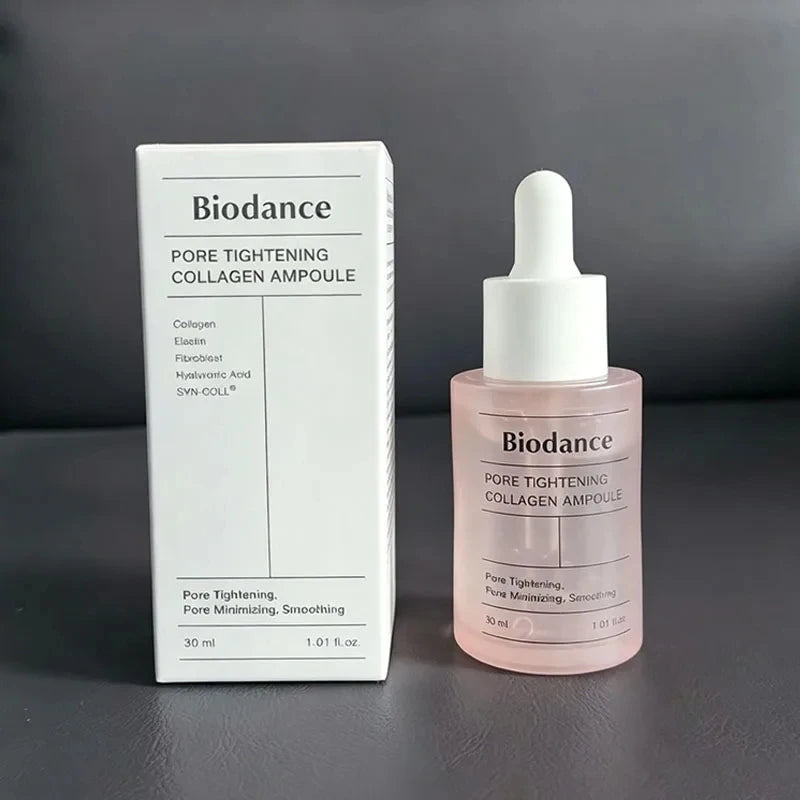 Biodance Pore Tightening Collagen Ampoule bottle and packaging on a dark background