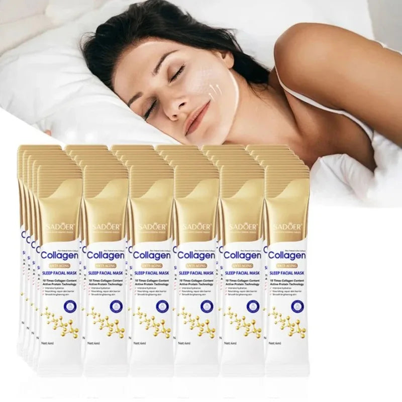 A woman sleeping on a white bed with a sheet mask applied to her face, with multiple packs of SADOER Collagen Sleep Facial Mask packets arranged in front.