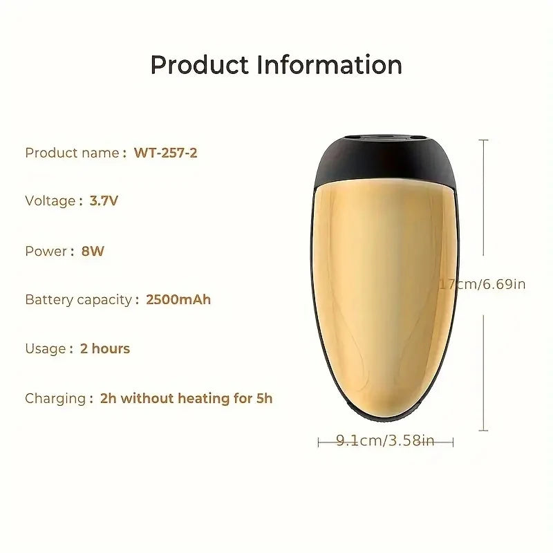 Product information of a gold and black electronic device with specifications on a white background.