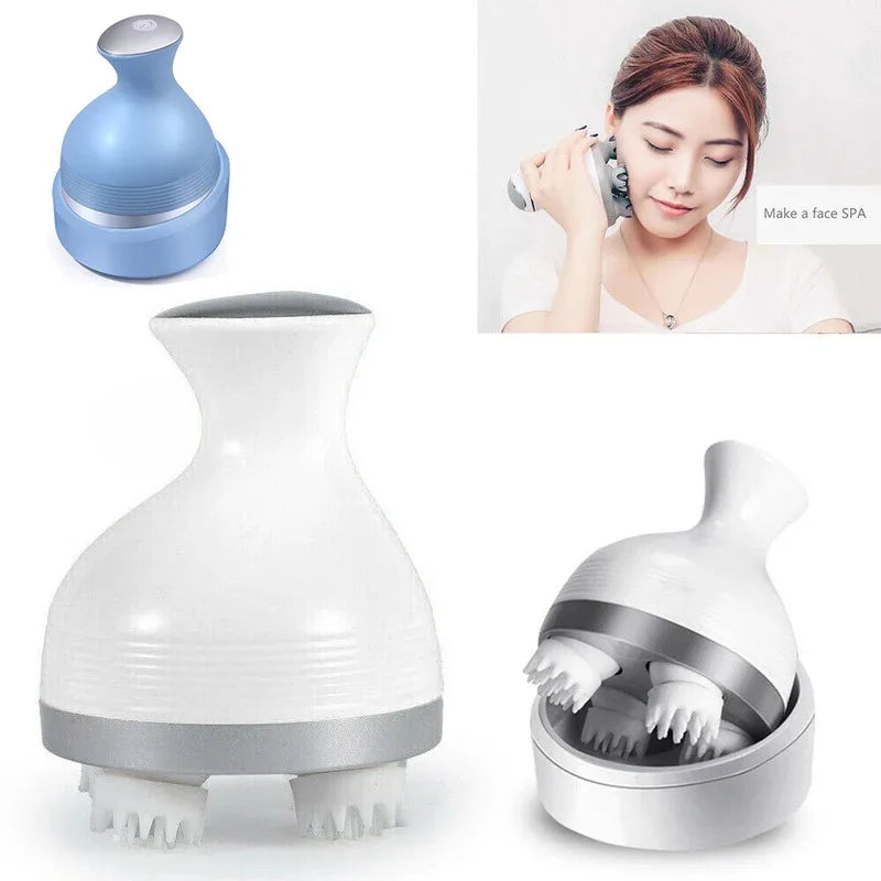 White facial cleansing device with blue and gray accents, shown with a woman using it.