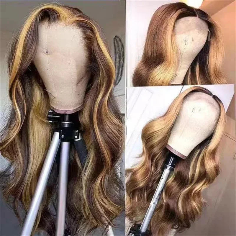 Brown and blonde ombre wig on a mannequin head with a tripod