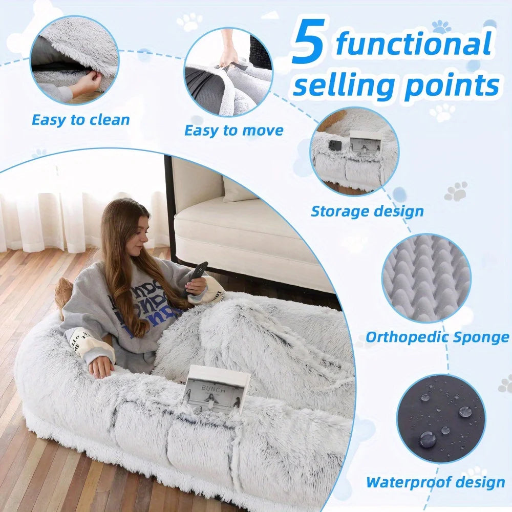 Person lounging on a fluffy pet bed with 5 functional selling points highlighted.