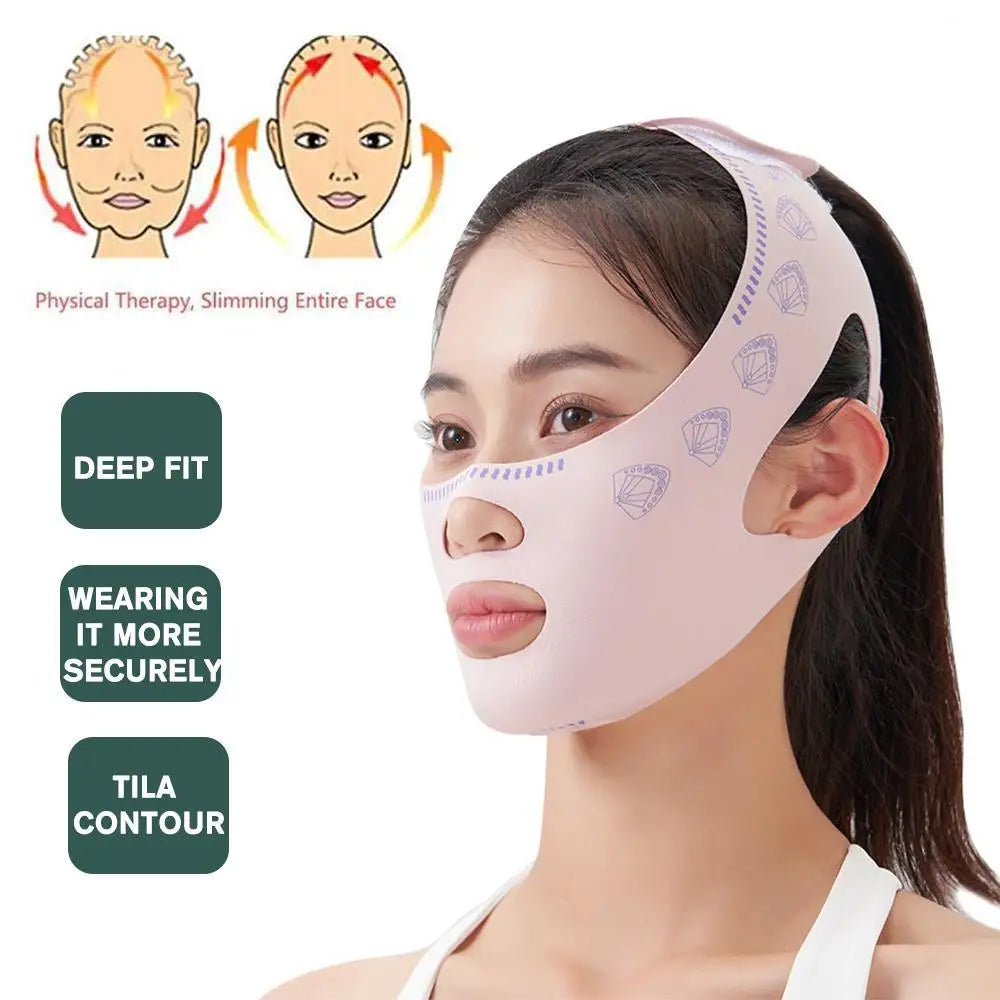 Woman wearing a face slimming device with instructional graphics on a white background