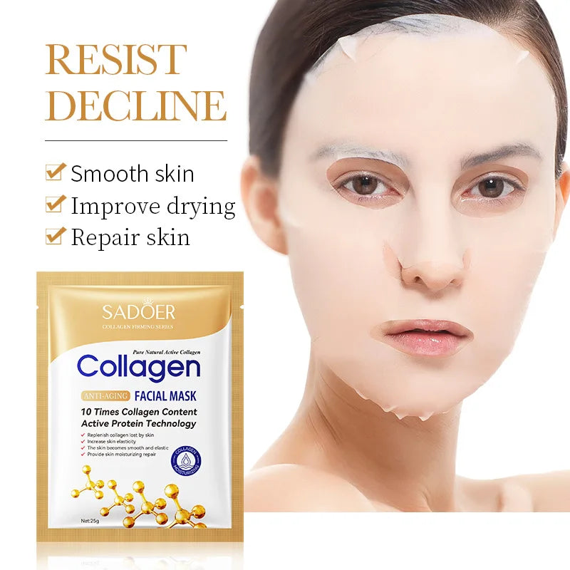Woman wearing a collagen facial mask with SADOER packaging on a white background