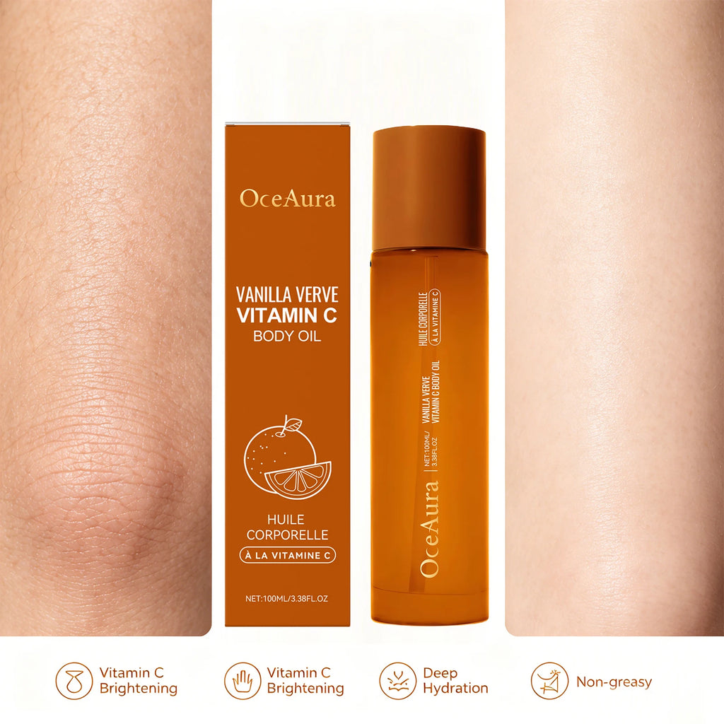 OceAura Vanilla Verve Vitamin C body oil with packaging on a beige background