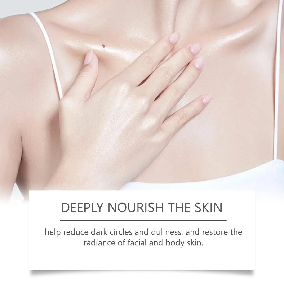 Close-up of a person's chest with a product application, text about skin care benefits.