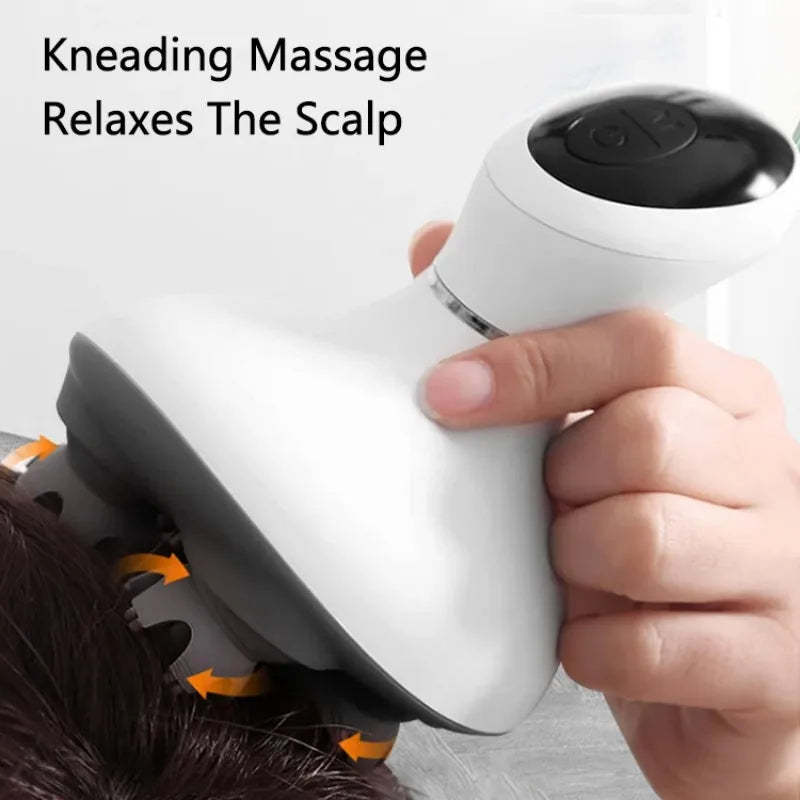A hand holding an ELANIQUE kneading massage scalp device over dark hair, with text overlays reading 'ELANIQUE Kneading Massage Scalp' and 'NEW ARRIVAL'.