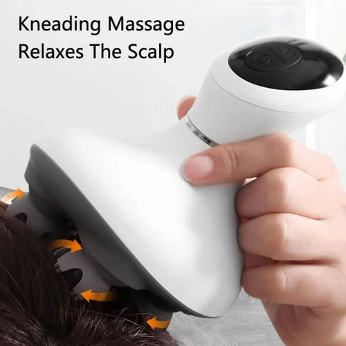A hand holding an ELANIQUE kneading massage scalp device over dark hair, with text overlays reading 'ELANIQUE Kneading Massage Scalp' and 'NEW ARRIVAL'.