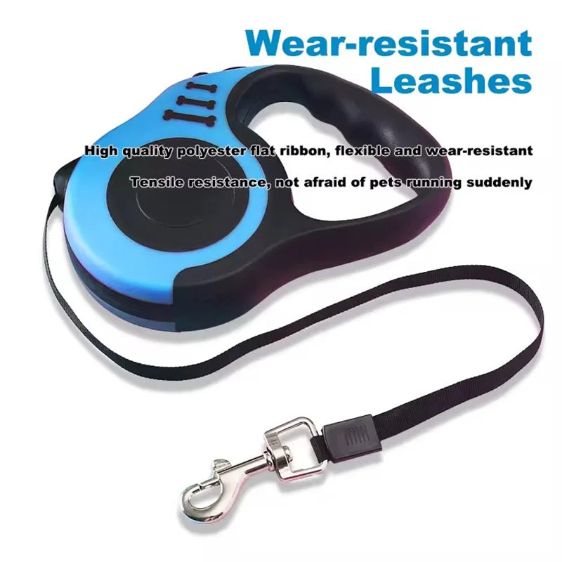Blue and black retractable leash with text on a white background
