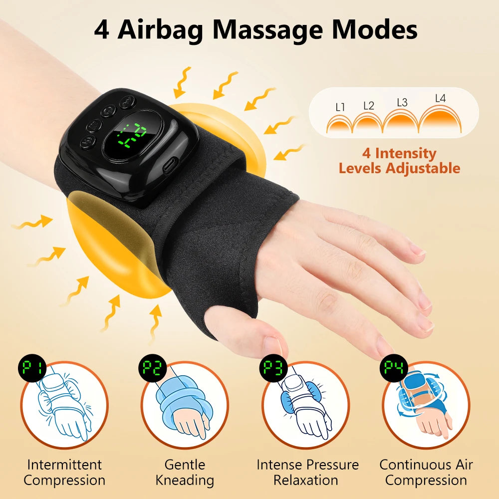 A wrist and hand massage device shown on a person's wrist, with text and icons explaining four airbag massage modes: intermittent compression, gentle kneading, intense pressure relaxation, and continuous air compression. The product is black with a yellow inflatable massage pad and a digital display.