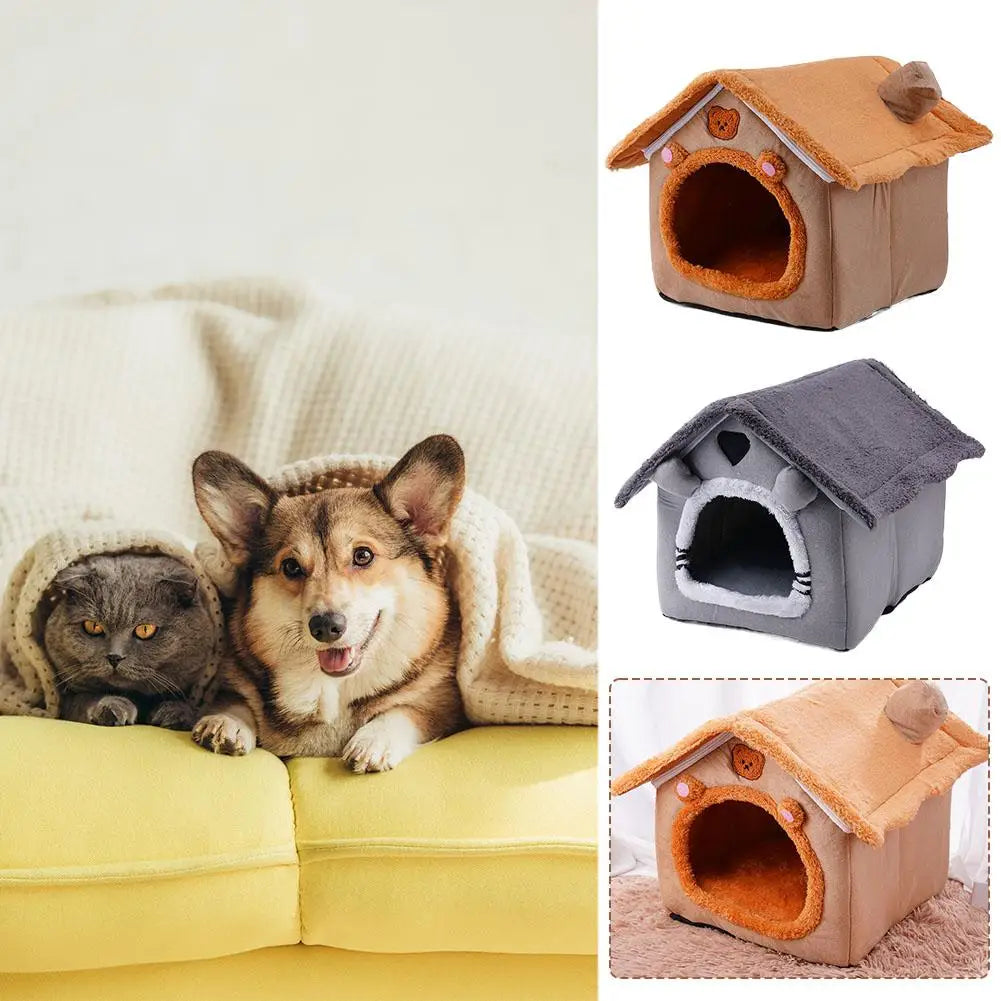 Two pets, a dog and a cat, sitting on a yellow couch with pet houses displayed.