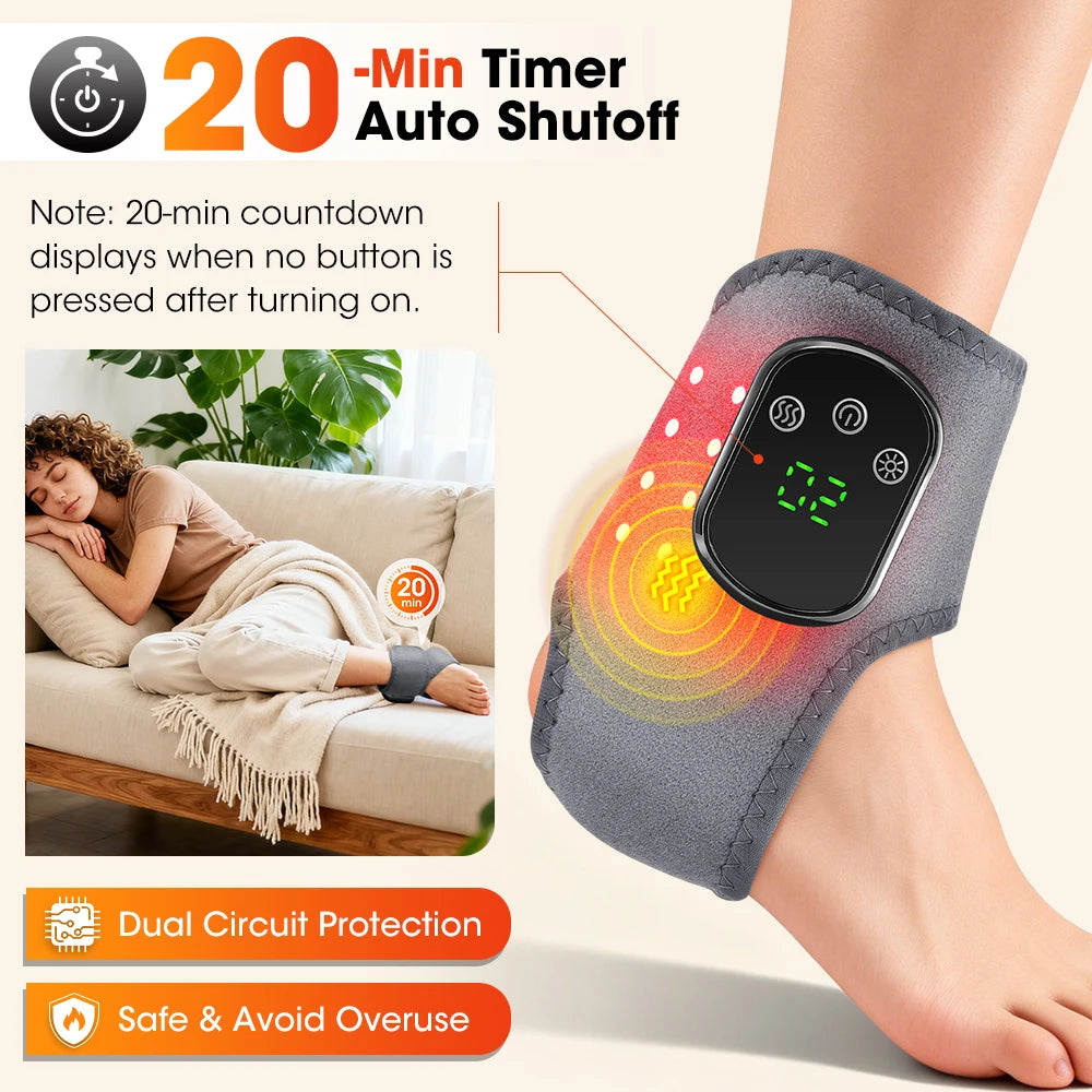 Heated ankle support device with digital display and timer feature, shown on a foot.