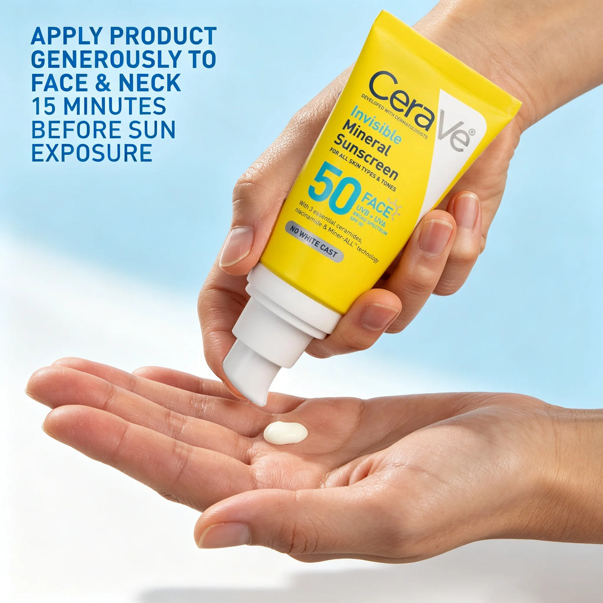 A hand holds a yellow CeraVe Irradiator Mineral Sunscreen SPF 50 tube while dispensing white sunscreen onto another hand, with blue instructional text on a light blue background.