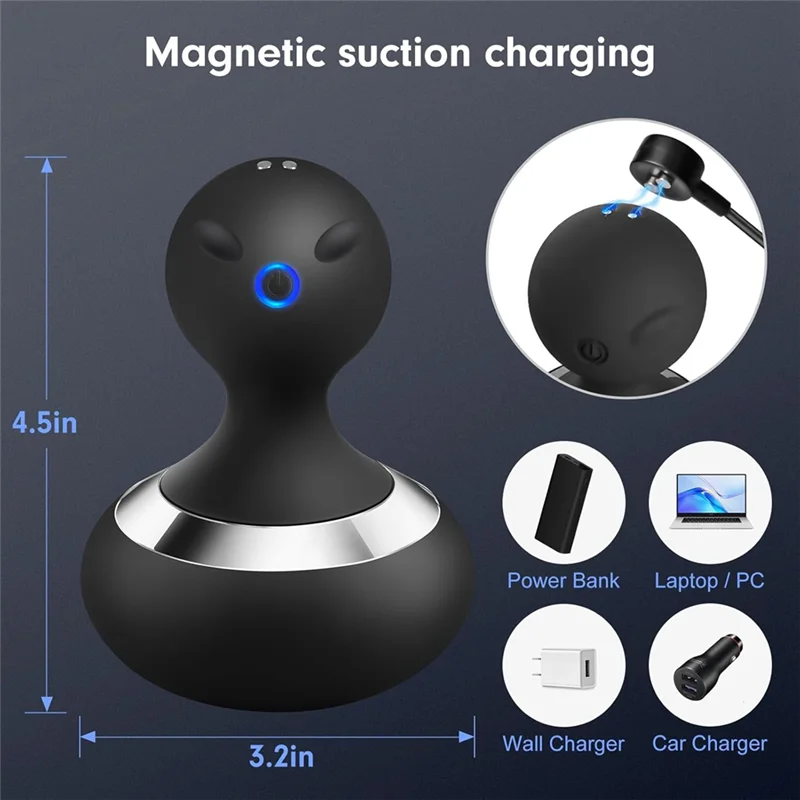 Black magnetic suction charging device with dimensions and compatibility icons on a dark background