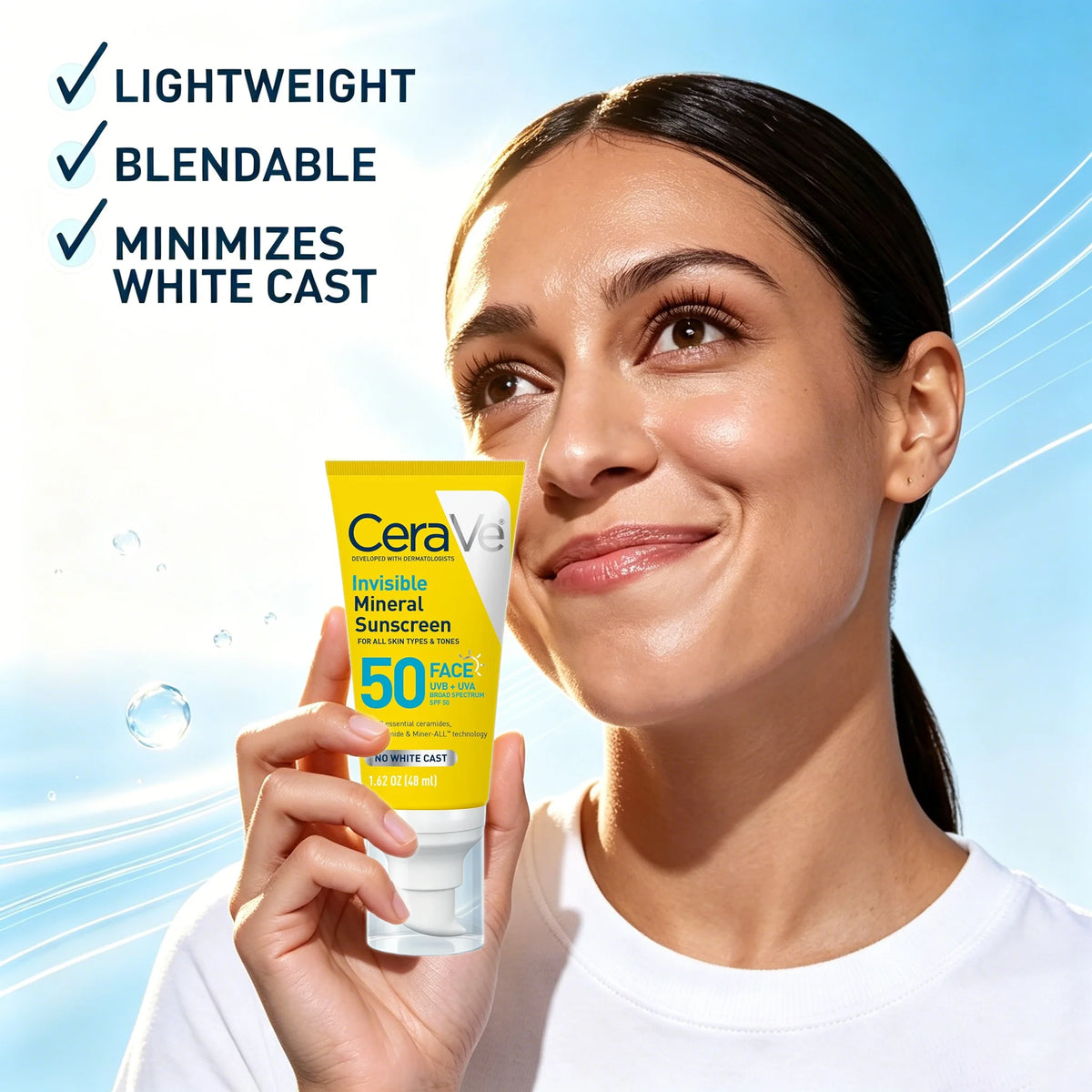 A woman holds a tube of CeraVe Invisible Mineral Sunscreen SPF 50 in her hand against a bright blue background with text highlighting product benefits: lightweight, blendable, and minimizes white cast.