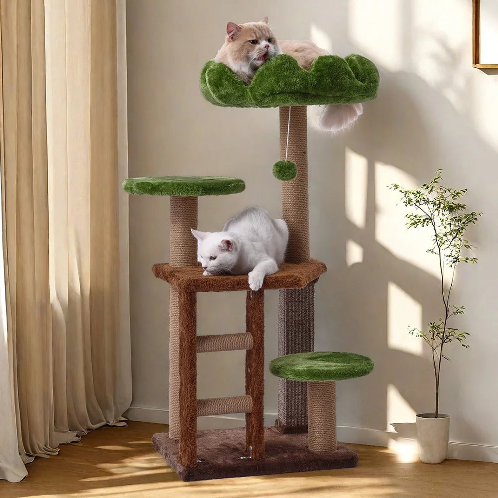 Cat tree with two cats on different levels in a room with curtains and a plant.