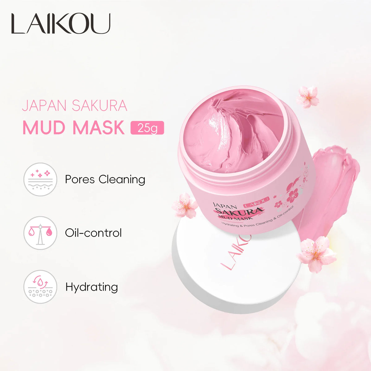 Pink mud mask jar with sakura design on a white background, featuring LAIKOU brand.