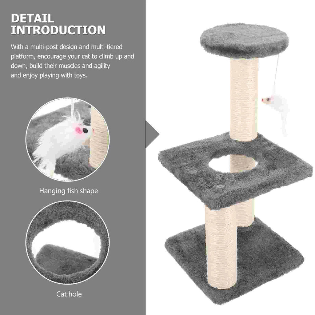 Cat tree with multiple levels, scratching post, and toys on a gray background