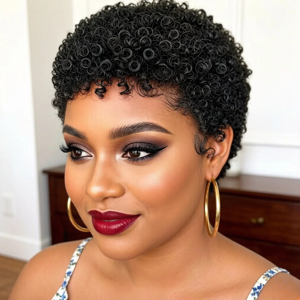A close-up portrait of a woman with a short, tightly curled black wig, wearing large gold hoop earrings, dramatic black eye makeup, and dark red lipstick. She is wearing a blue and white patterned spaghetti strap top, with a wooden dresser and white wall in the background.