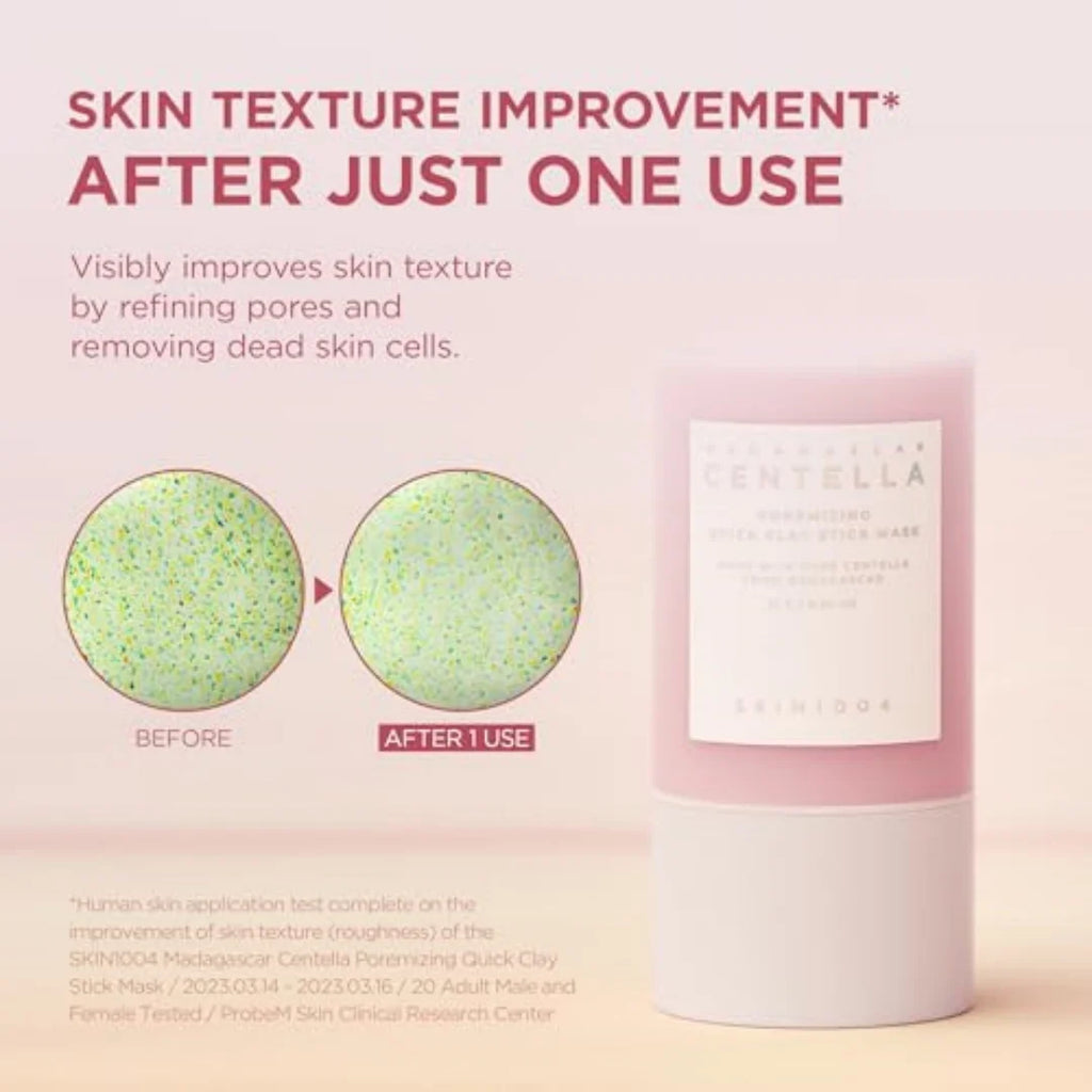 SKINCOOL Centella Quick Clay Stick Mask packaging with text on skin texture improvement