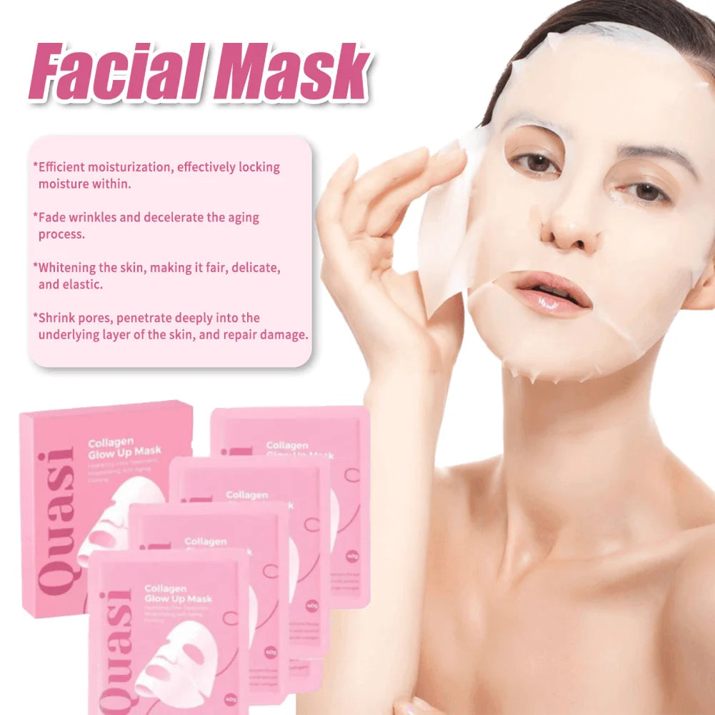 A woman applies a translucent facial mask patch to her face, with pink product packaging packets and a pink box labeled 'Quasi Collagen Glow Up Mask' shown beside her. Large text at the top reads 'Facial Mask' with descriptive marketing copy on the left.