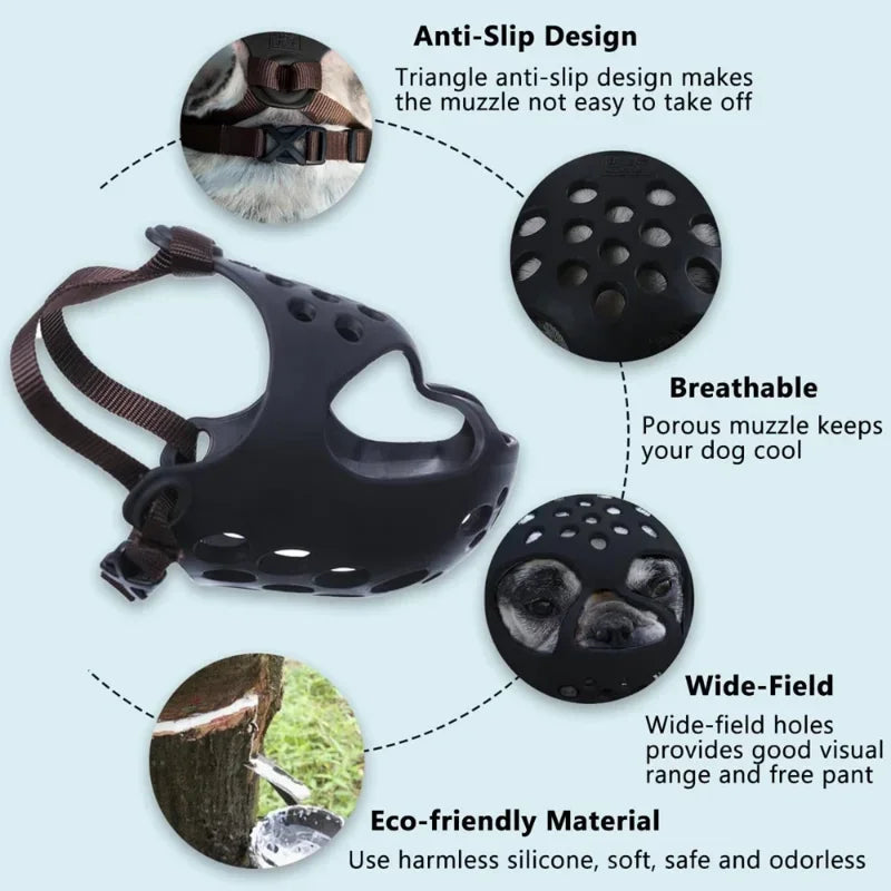 Black dog muzzle with brown straps, shown on a light blue background with callout circles and text highlighting anti-slip design, breathable holes, wide-field view, and eco-friendly material.