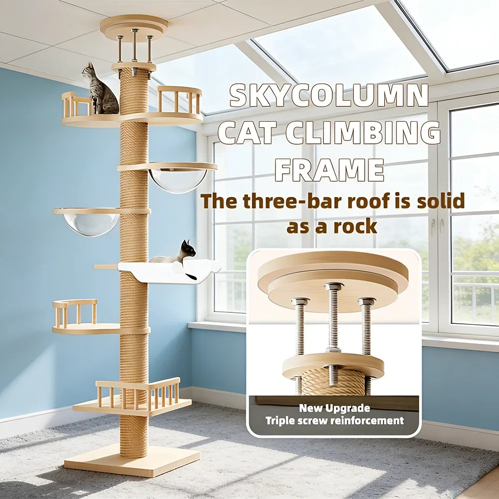 A tall wooden cat climbing tree with sisal-wrapped posts, multiple perches, a glass bowl, and two cats resting on platforms, shown in a bright room with large windows. Text overlays describe the product features, and a small inset highlights triple screw reinforcement.
