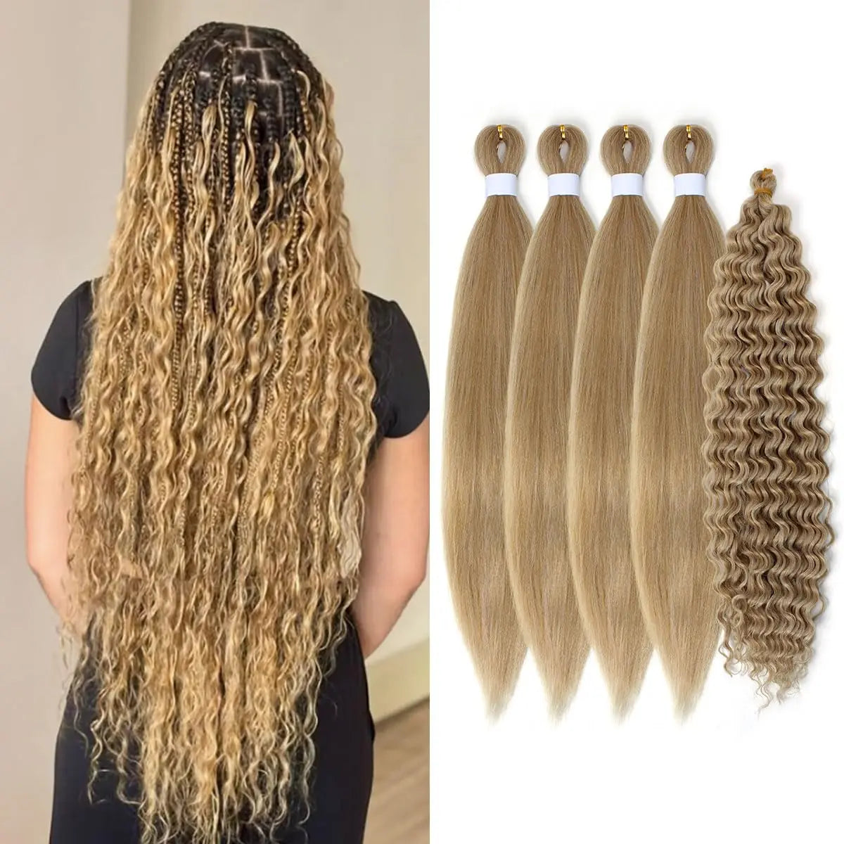 Blonde hair extensions shown on a person and displayed separately.