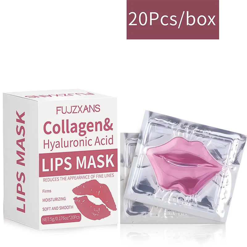 Collagen and hyaluronic acid lips mask packaging with pink mask and box on white background