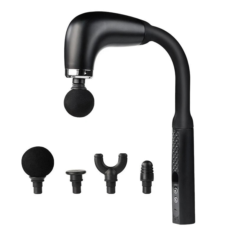 Black handheld massage device with attachments on a white background