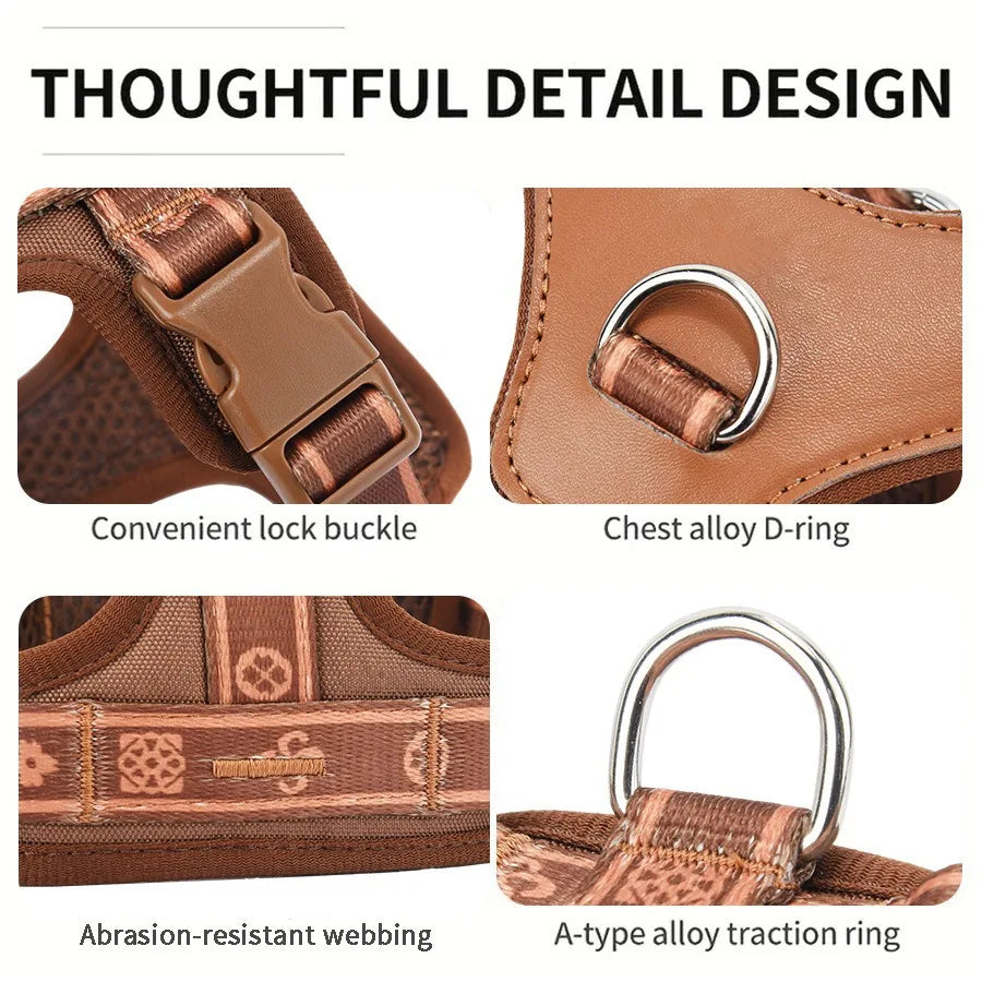 Dog harness with detailed features including a lock buckle, D-ring, webbing, and traction ring.
