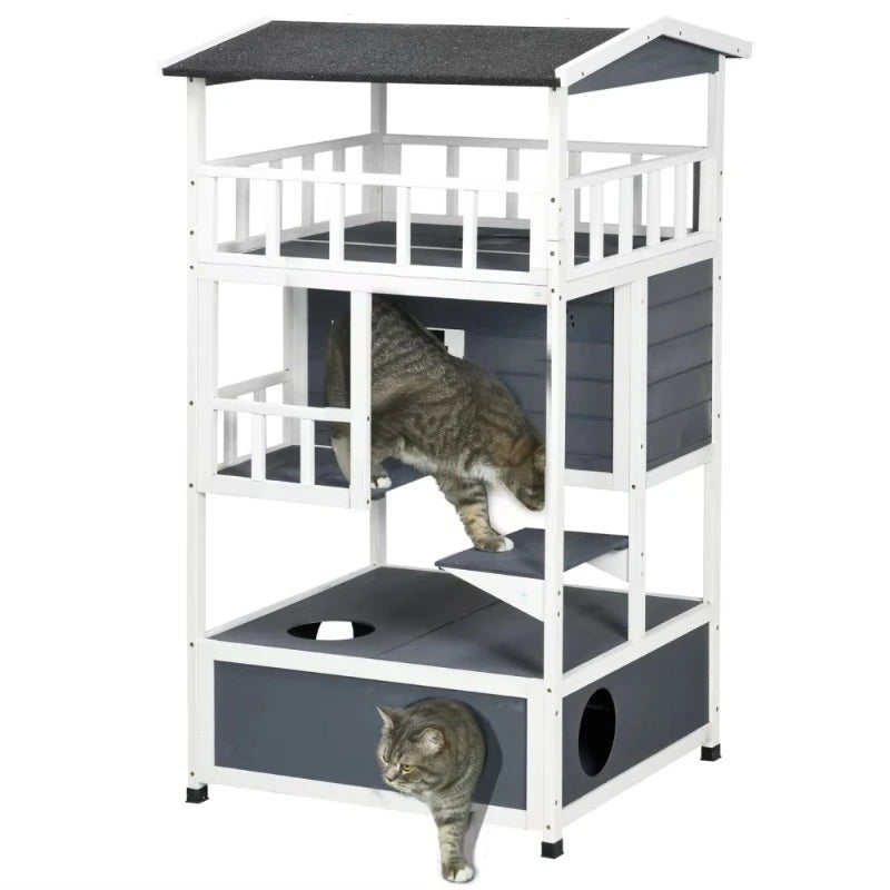 A multi-level cat house with a white frame and dark gray panels, shown on a white background with two cats using the structure.