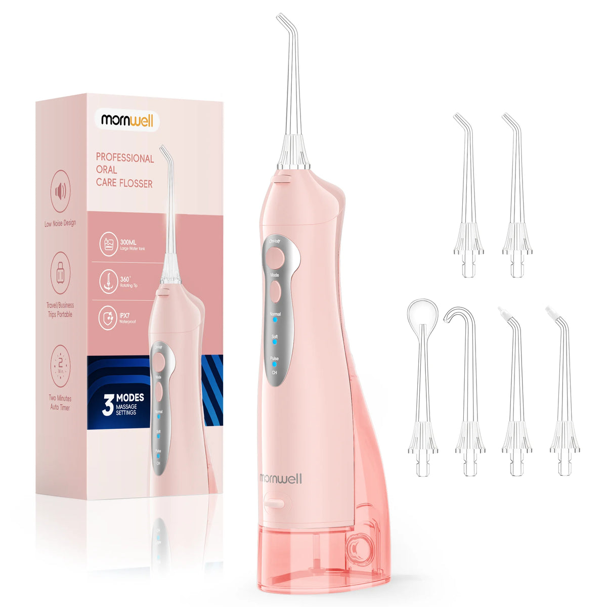 Pink dental flosser with packaging and additional nozzles on a white background