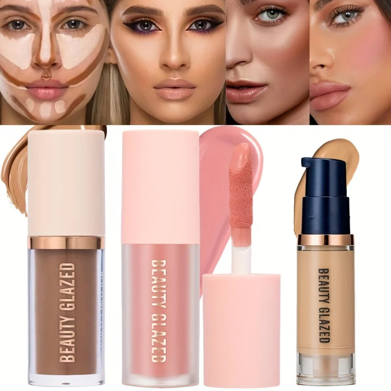 Makeup products including a concealer, lip gloss, and foundation stick with 'Beauty Glazed' branding.