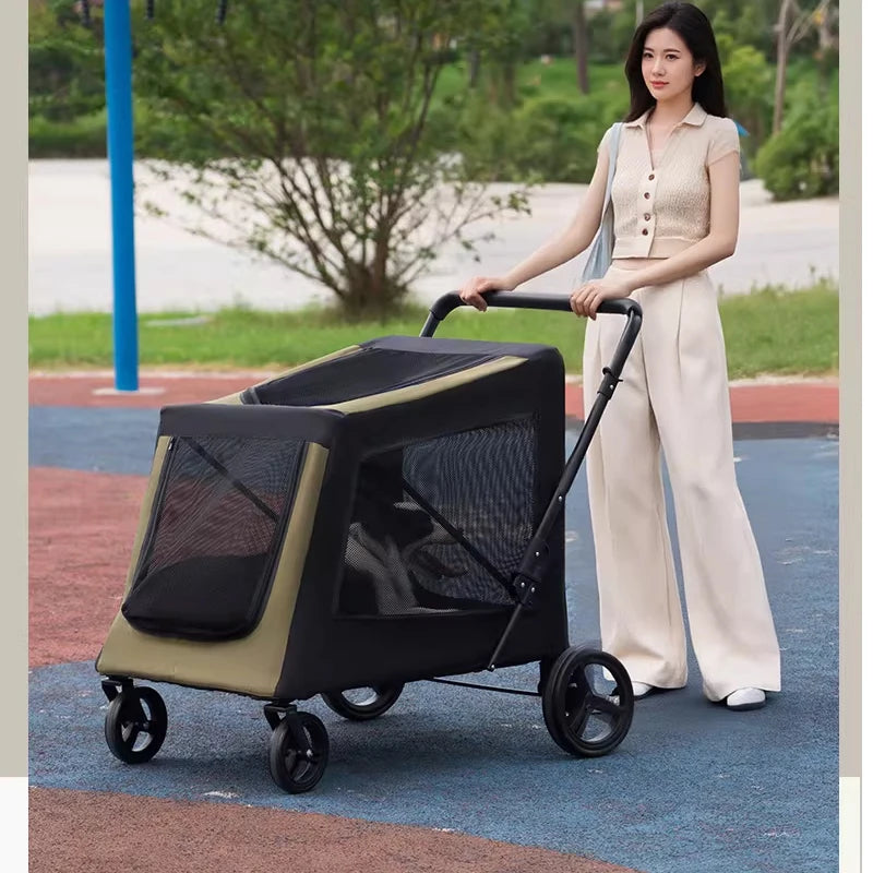Woman pushing a pet stroller in an outdoor setting