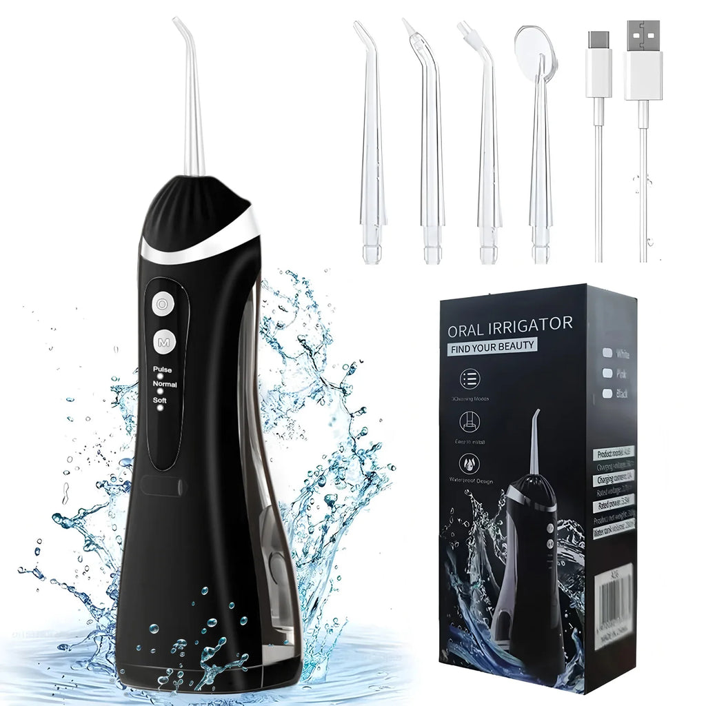 Black oral irrigator with packaging, nozzles, and USB cable on a white background