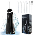 Black oral irrigator with packaging, nozzles, and USB cable on a white background