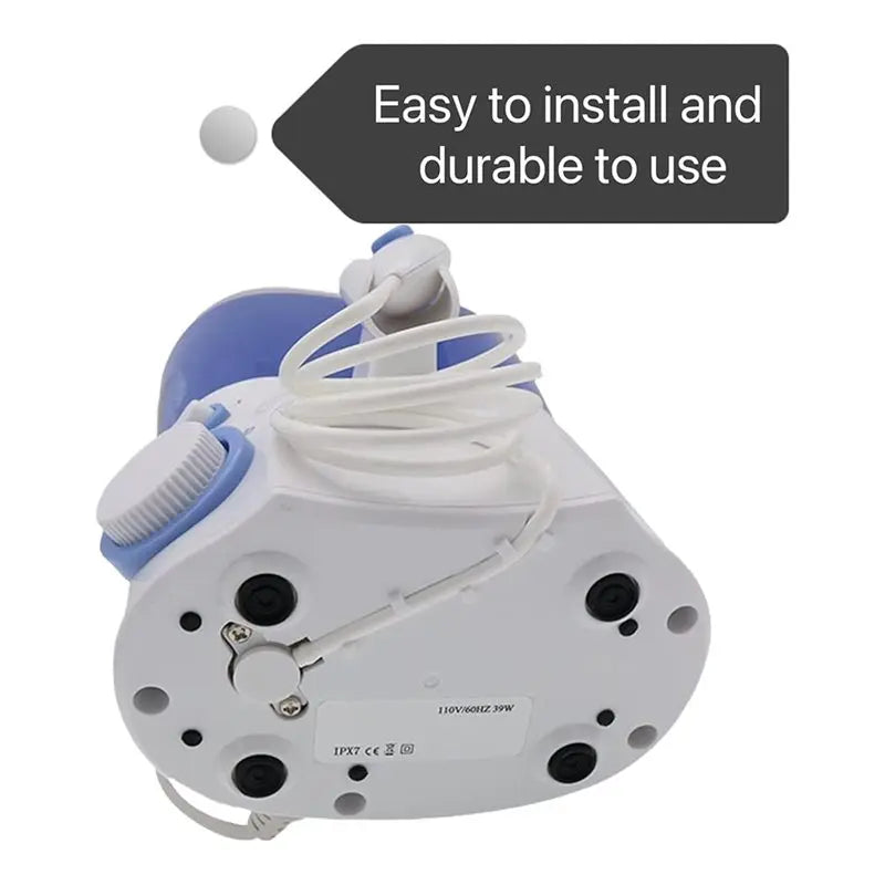 Mechanical device with coiled cable on a white background, featuring text about ease of installation and durability.