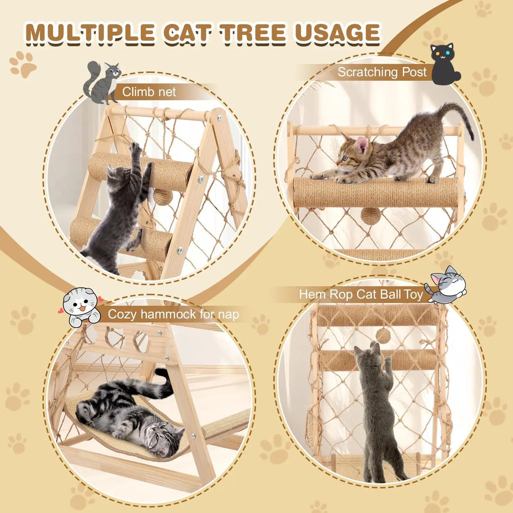 Cat tree with various features like climbing net, scratching post, cozy hammock, and cat ball toy on a beige background.