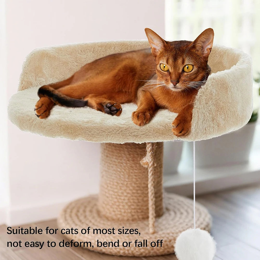 Cat lounging on a beige cat tree with text about its suitability for cats of most sizes.
