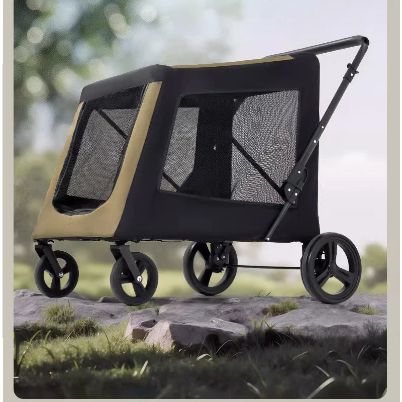 Pet stroller with black and beige design on a natural background